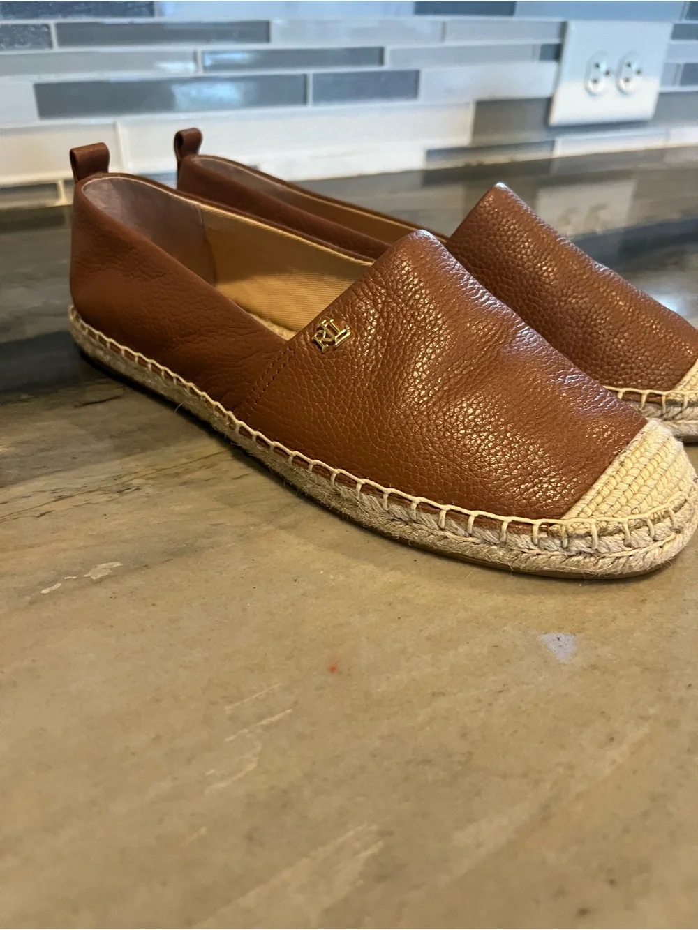 Ralph Lauren Brown Leather Espadrille Flats with Jute Trim